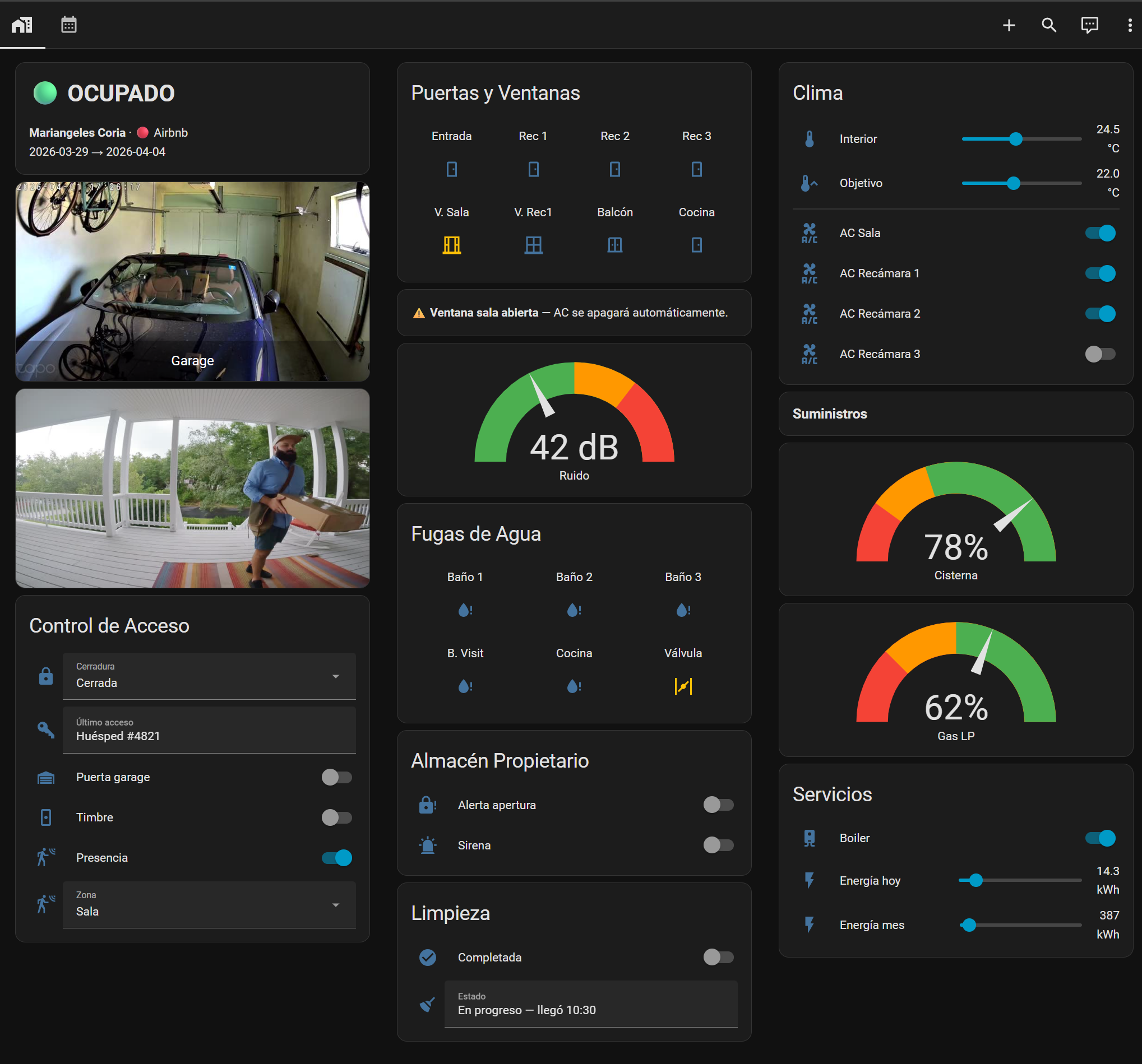 Habitatech dashboard showing climate, energy, water and access for Casa Lighthouse